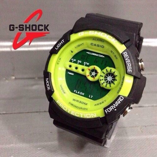 นาฬิกา G-shock สีเขียวสะท้อนแสง หน้าปัดแบ่งครึ่งคาดกลาง
