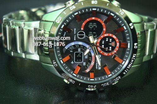 นาฬิกา ผู้ชาย สแตนเลสสีเงิน D-Ziner  หน้าปัดดำ-แดง กันน้ำได้ เกรด AAA พร้อมส่ง